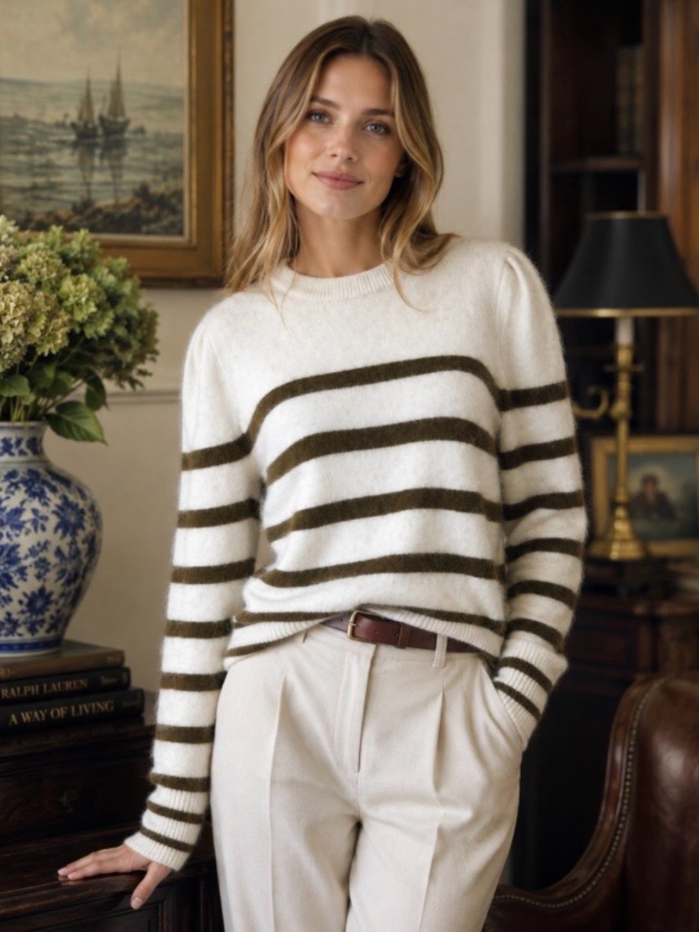 Banana Republic Alpaca Wool Blend Large Ivory Sweater Brown Stripes Quiet Luxury